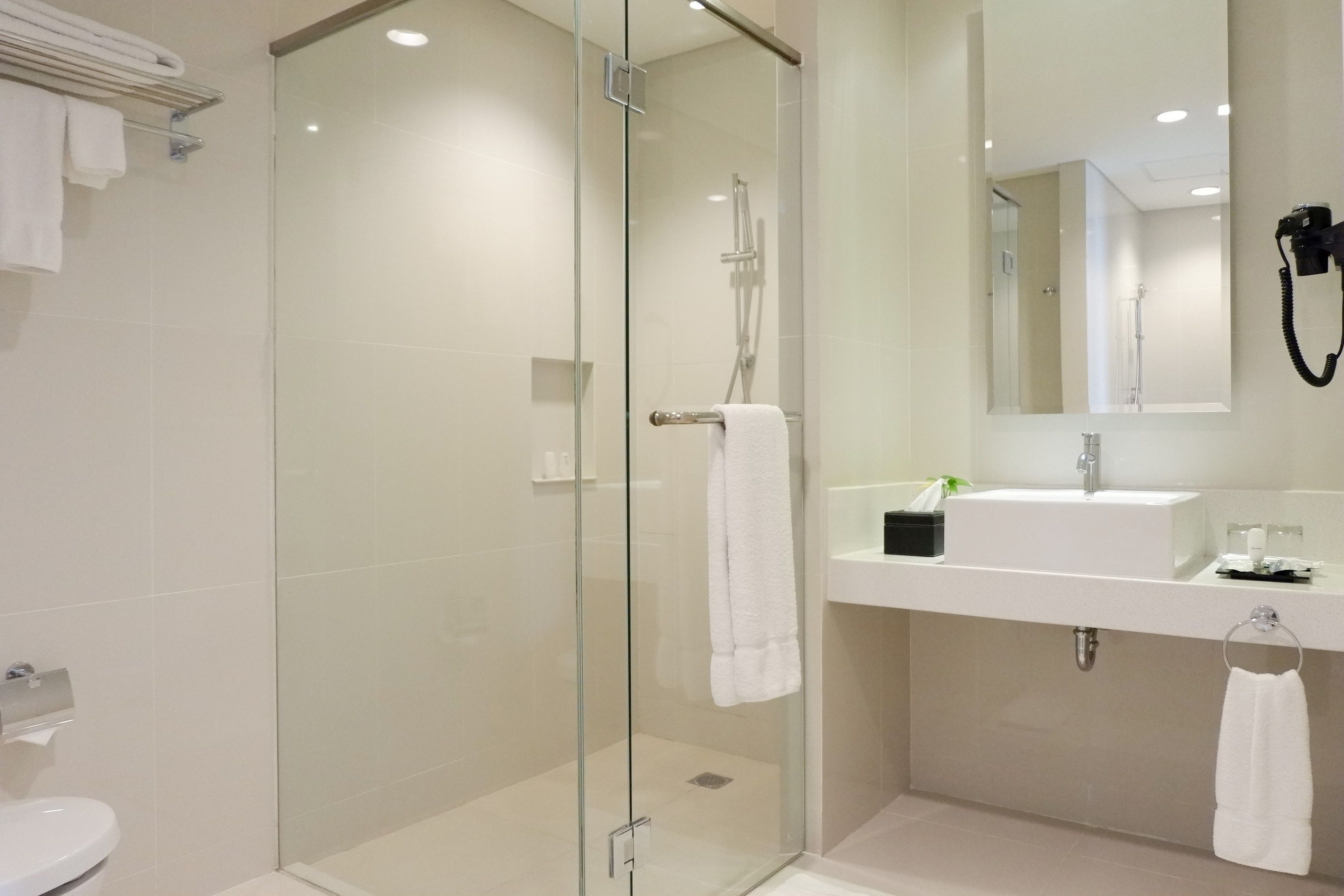 A modern bathroom with a glass-enclosed shower, a white sink, and a large mirror.