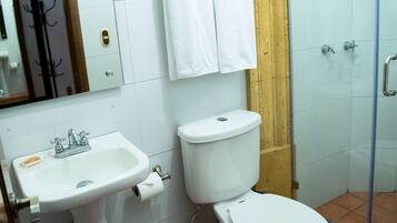 A bathroom with a sink, toilet, and shower.