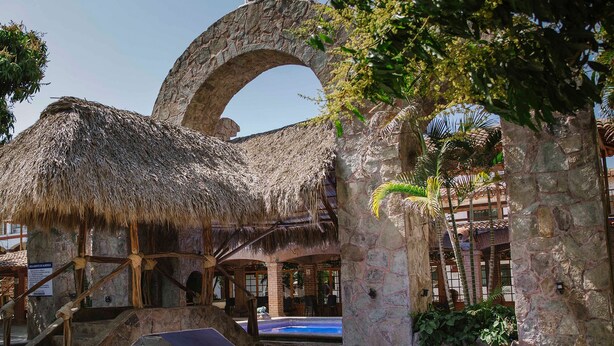 A pool area with a stone archway, a thatched-roof structure, and a potted plant.