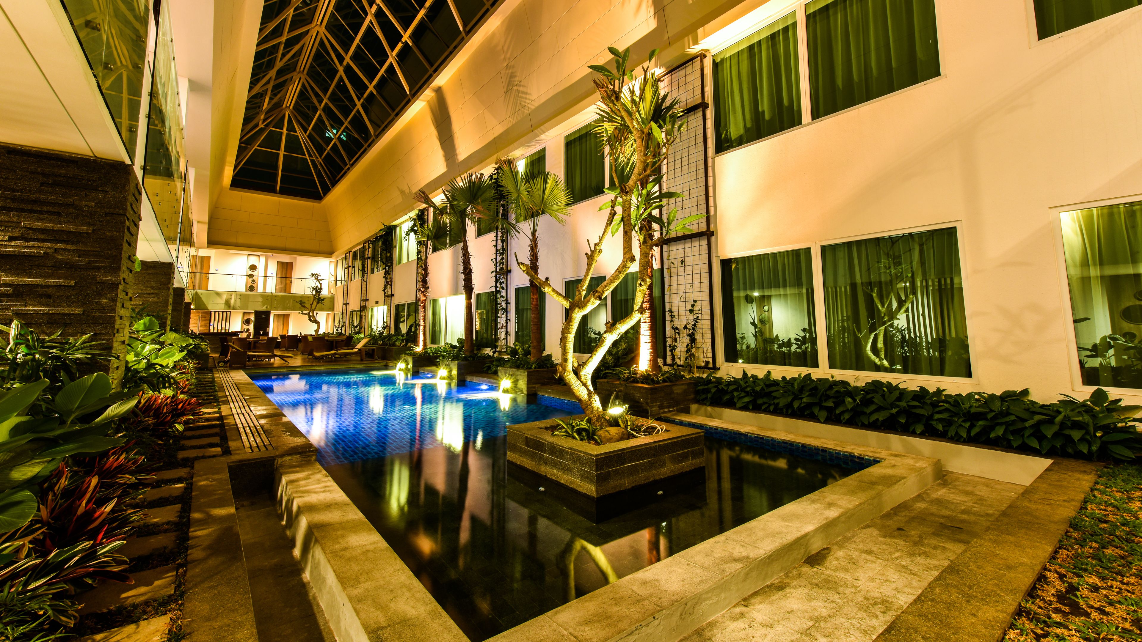 indoor pool, outdoor pool, pool loungers