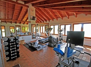 A gym with various exercise equipment, large windows, and a wooden ceiling.