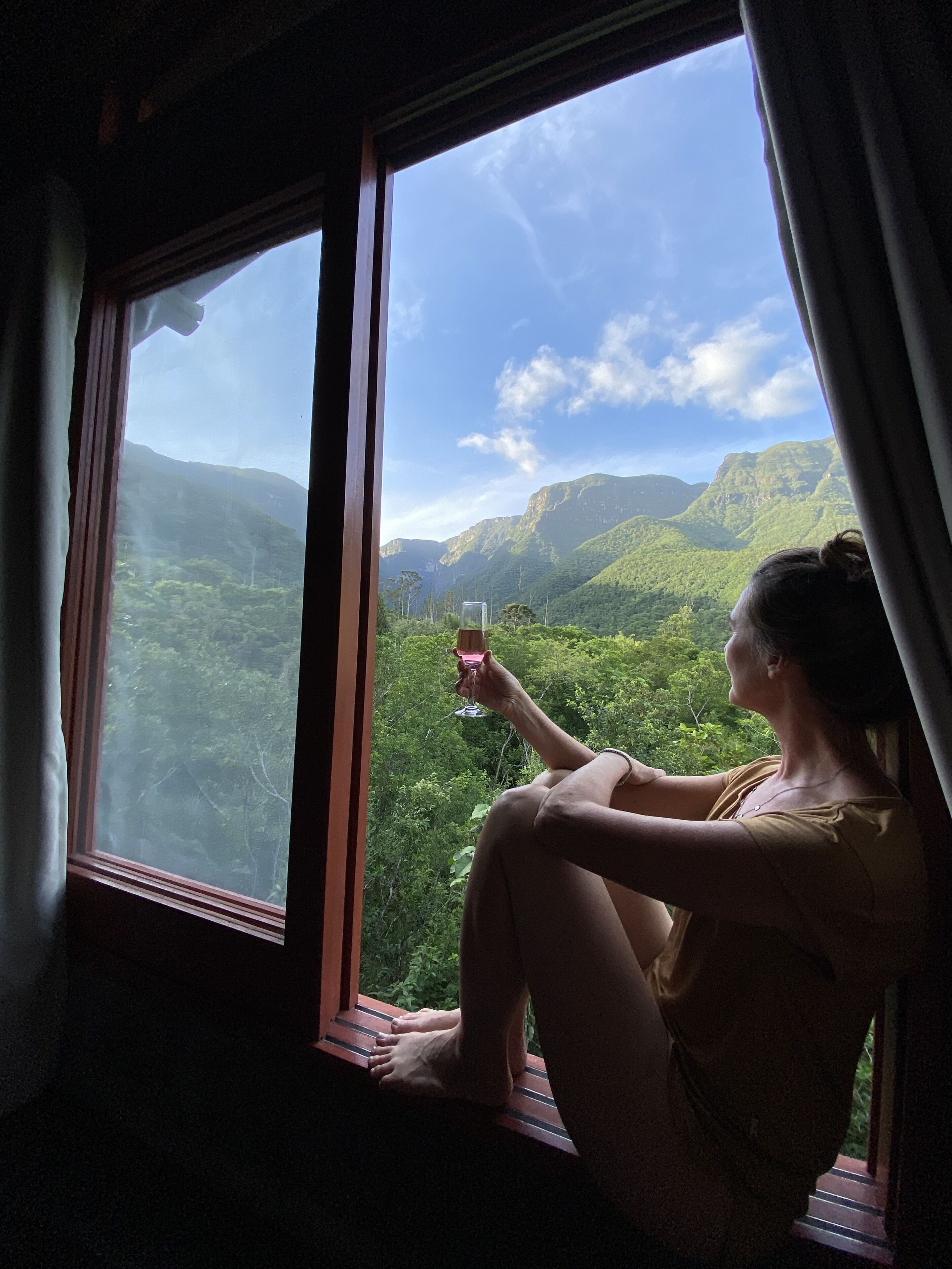 A person sitting by a window with a view of a mountainous landscape.