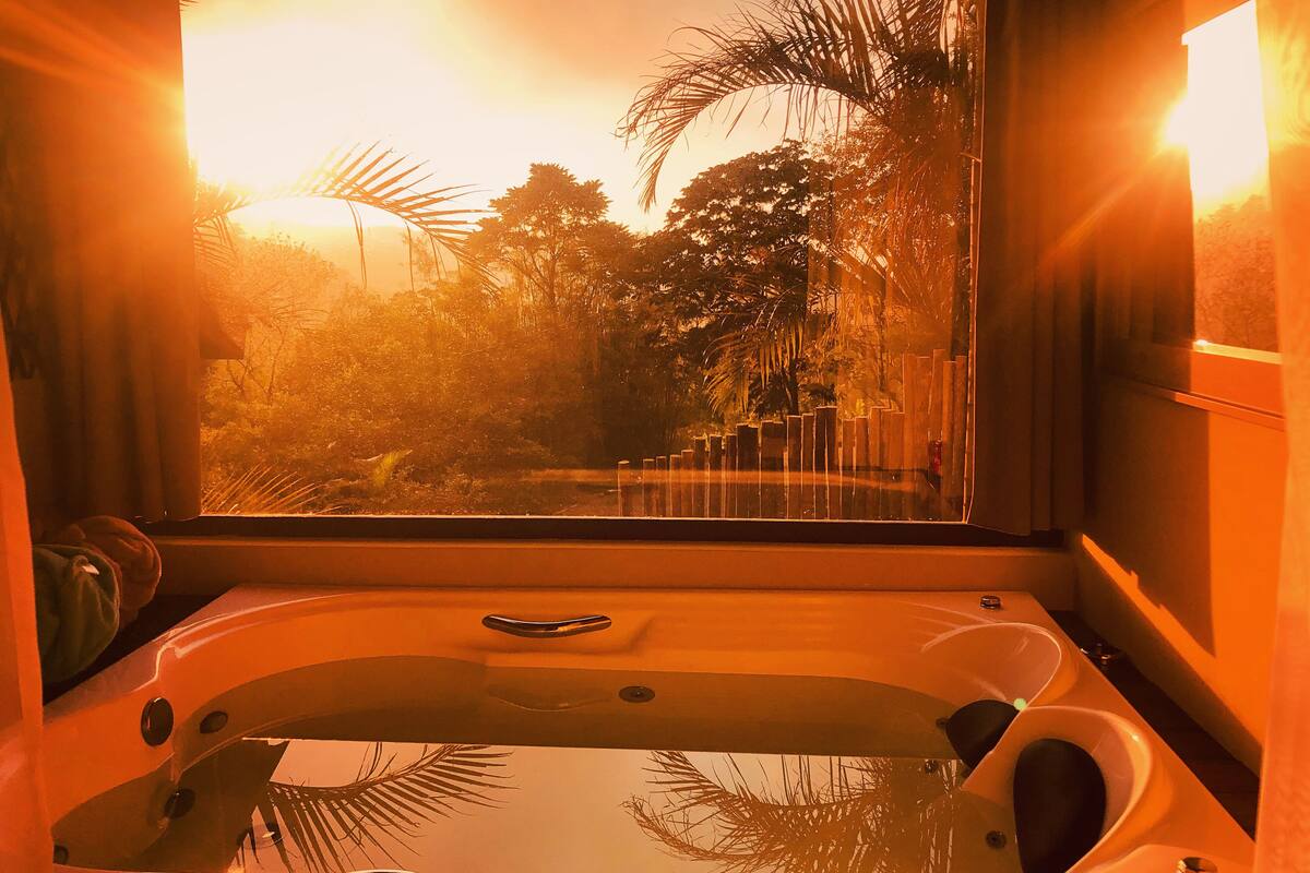 Un jacuzzi con vistas a un jardín y árboles.