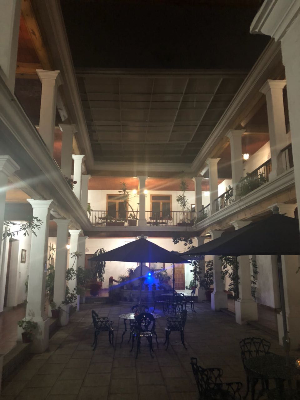 An indoor courtyard with a central open space, surrounded by columns and potted plants.