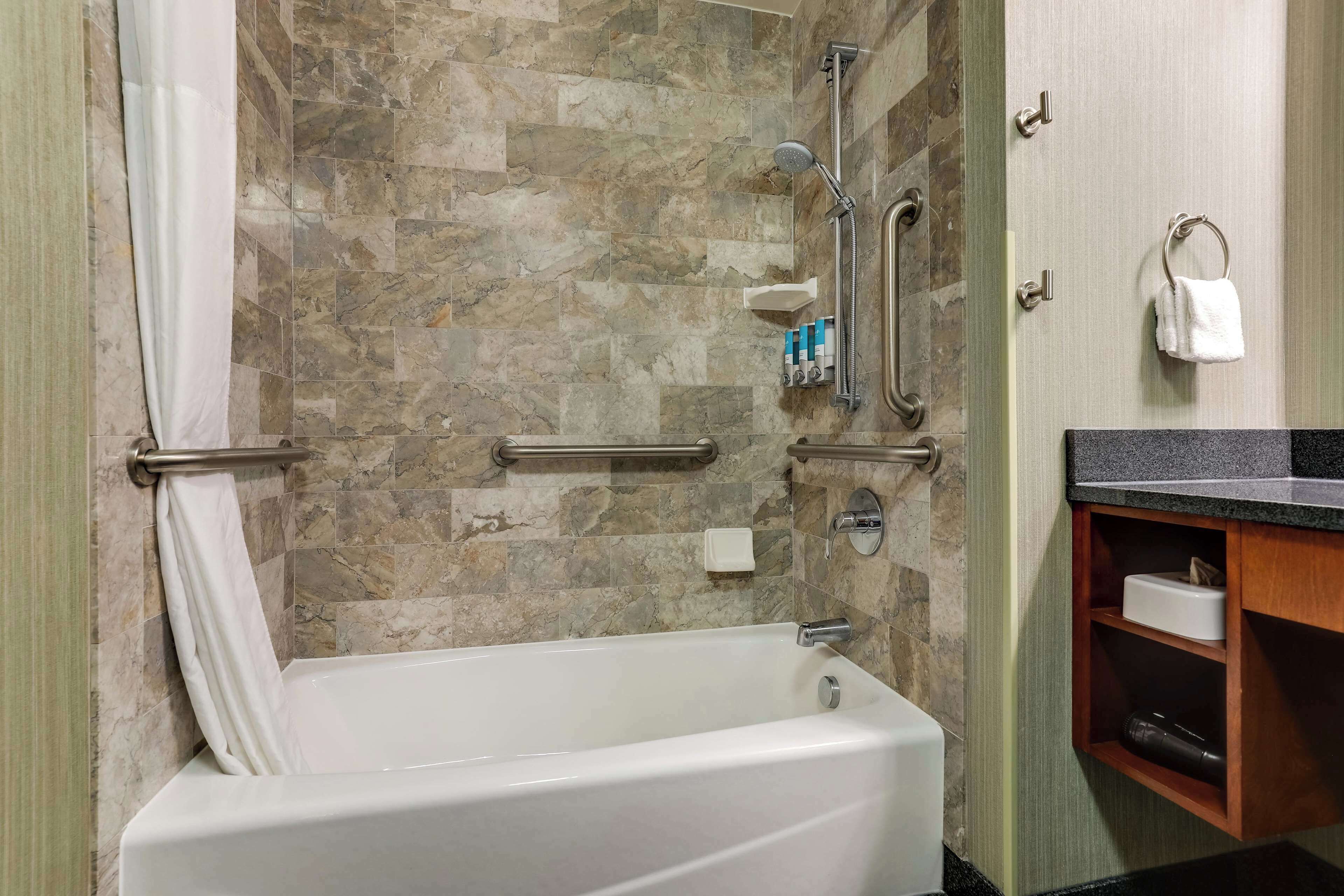 free toiletries, hair dryer, towels