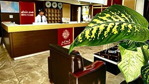 A hotel reception area with a reception desk, a large plant, and a framed portrait above the desk. - Telemly Hotel (Algiers)
