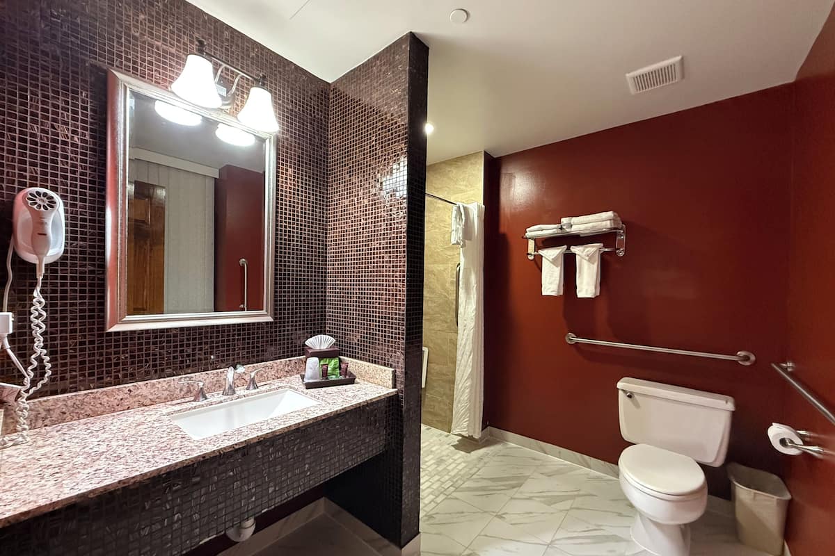 Habitación clásica, 1 cama Queen size, regadera para personas con discapacidad, en esquina | Baño para personas con discapacidad