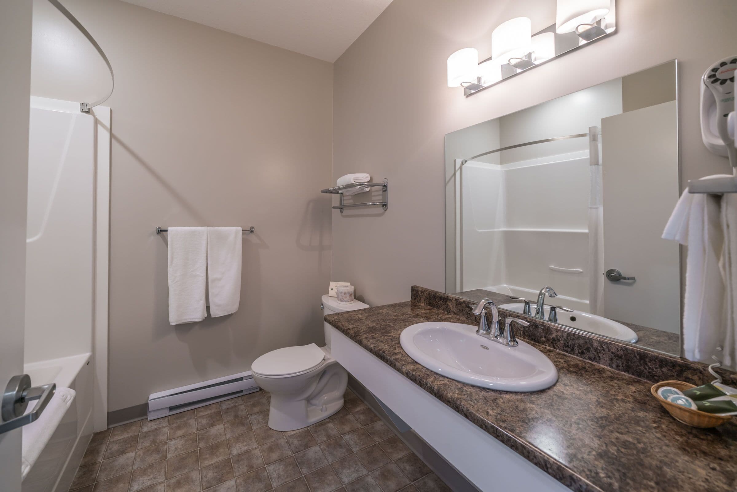 Combined shower/bathtub, free toiletries, towels