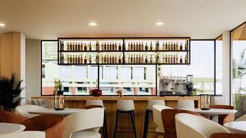 A modern bar area with multiple shelves of bottles, a coffee machine, and seating with a view of the city.