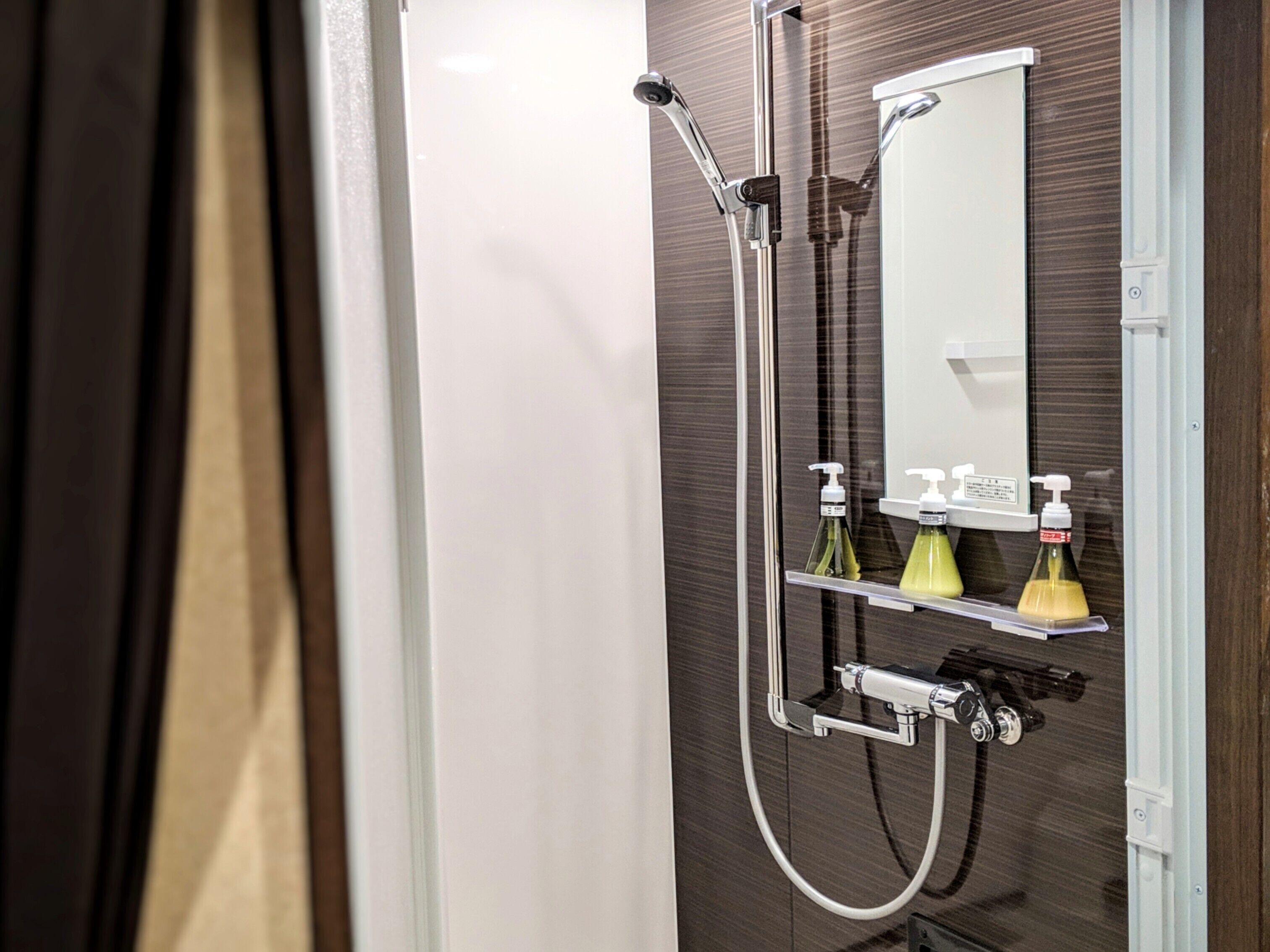 A bathroom with a glass shower enclosure, a mirror, and two soap dispensers on a shelf.