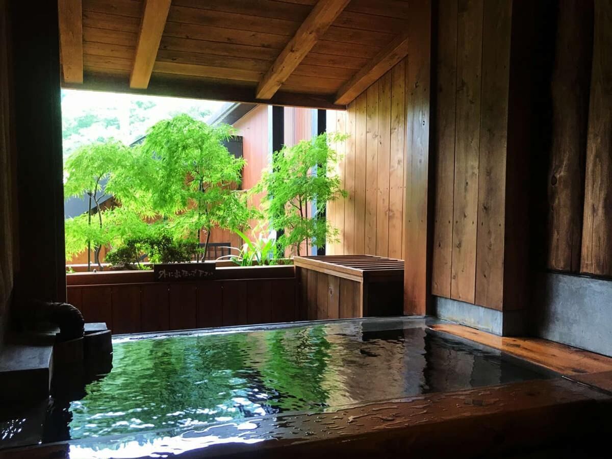 A traditional Japanese onsen with a wooden interior, a small hot spring bath, and a view of lush greenery outside.