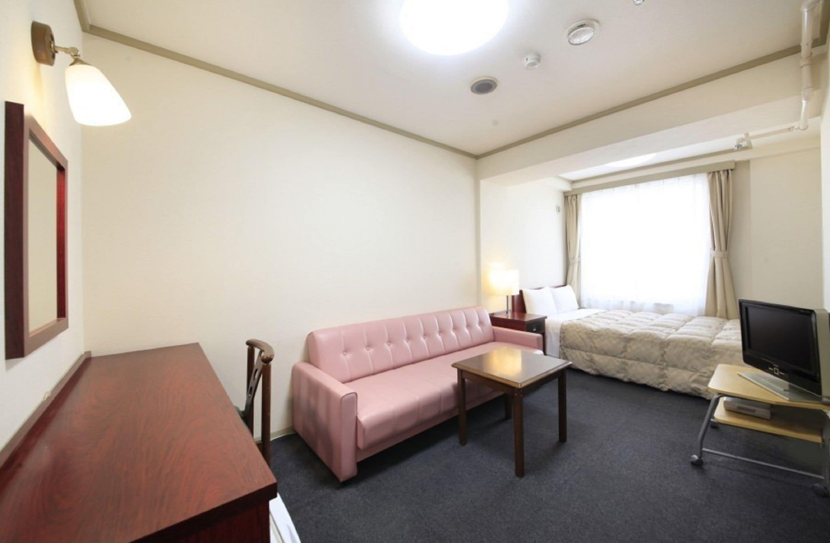 desk, laptop workspace, blackout curtains, iron/ironing board