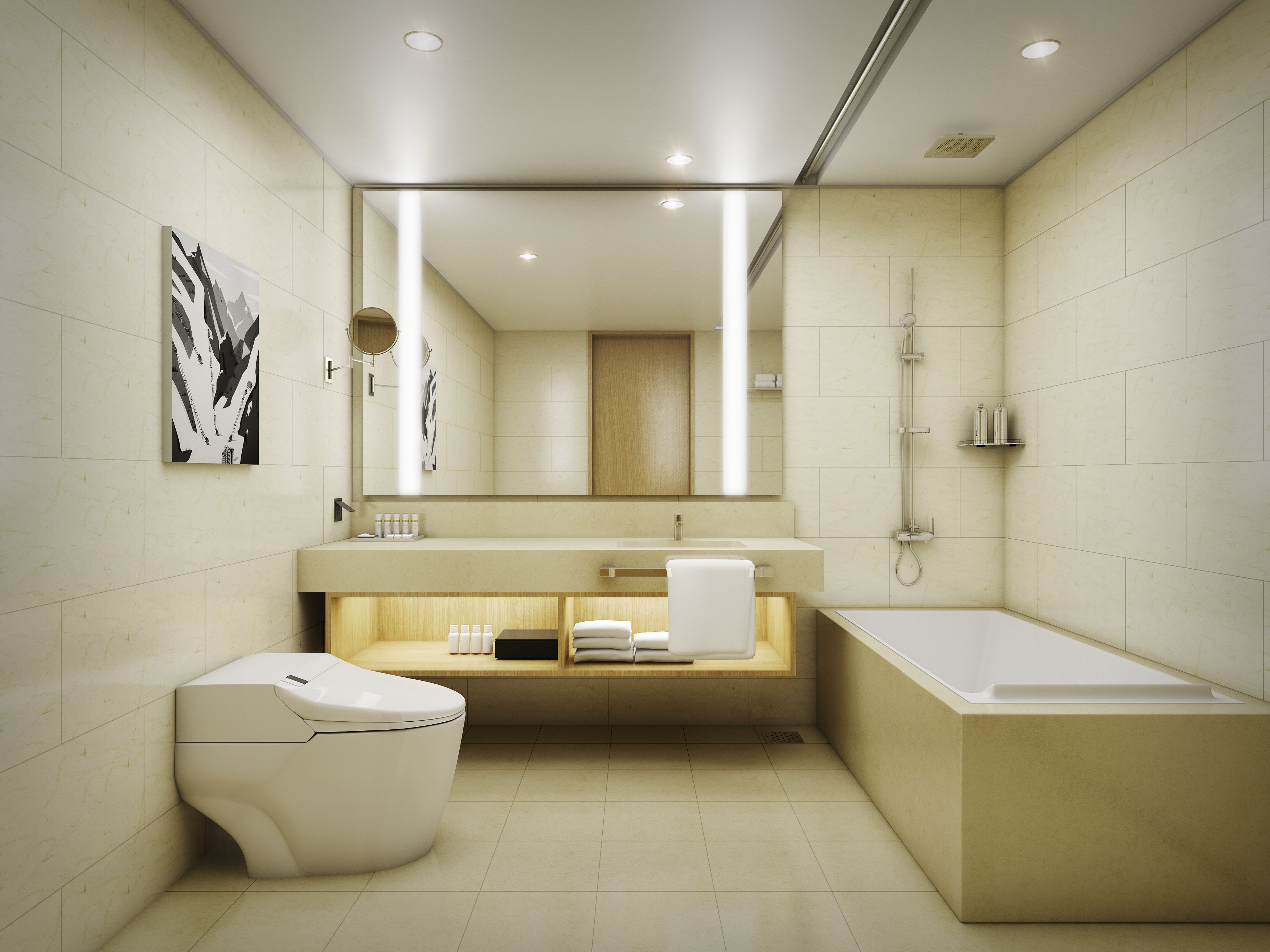 combined shower/bathtub, deep-soaking bathtub, free toiletries