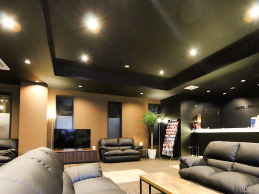A modern hotel lobby with leather sofas, a flat-screen TV, a reception desk, and a plant.