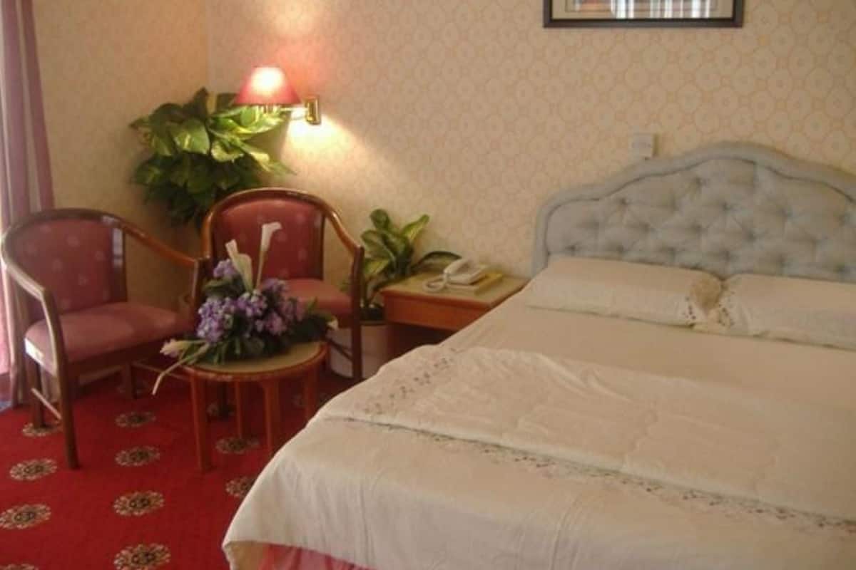 A hotel room with a bed, two chairs, a small table with a lamp, and a potted plant.