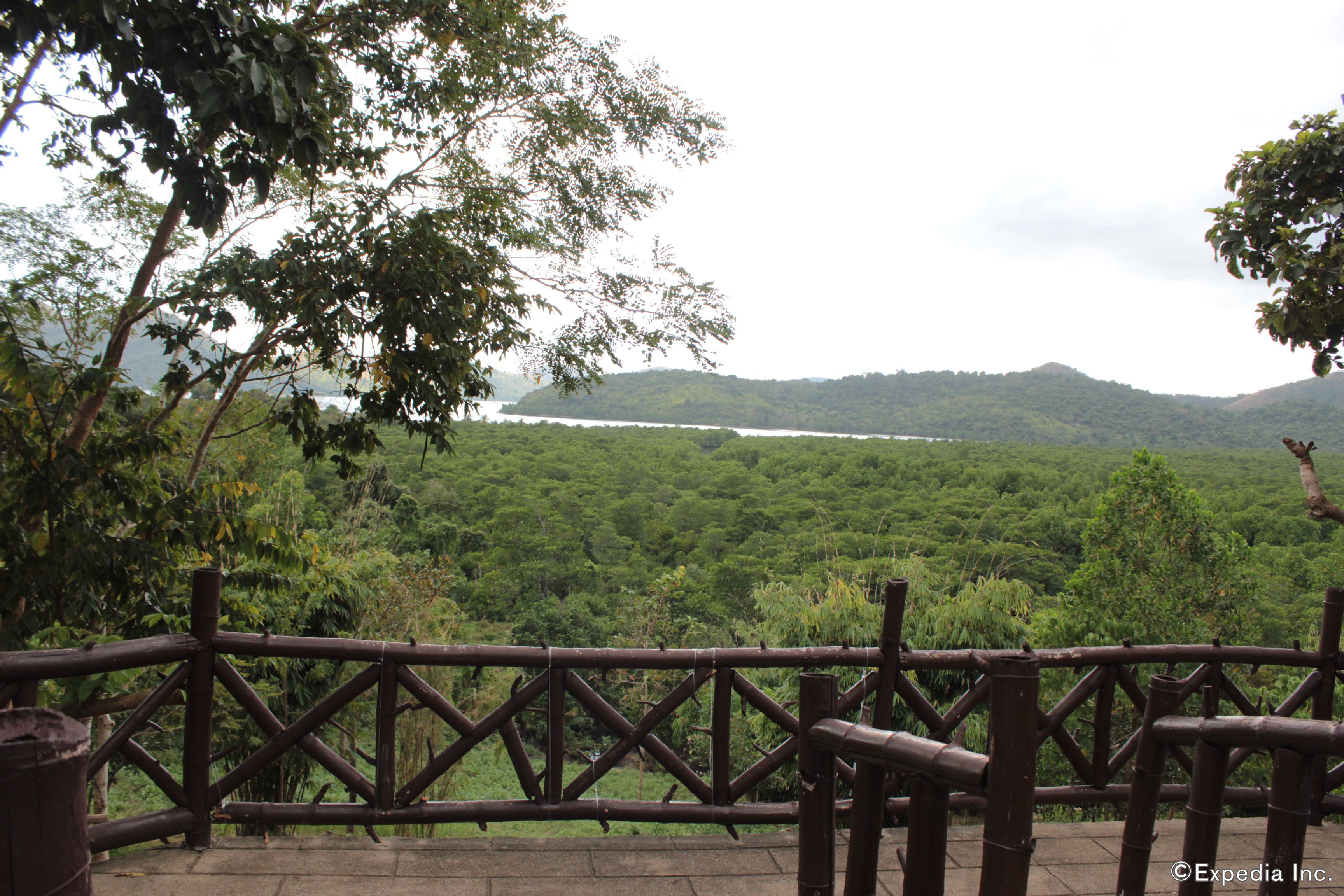 A wooden fence overlooking a lush green landscape with a body of water in the distance.