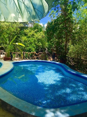 Una piscina al aire libre, sombrillas, sillones reclinables de piscina