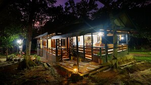 Une cabane en bois avec une porte en verre, entourée d’arbres et bordée d’une zone pavée où sont disposées des plantes en pot.