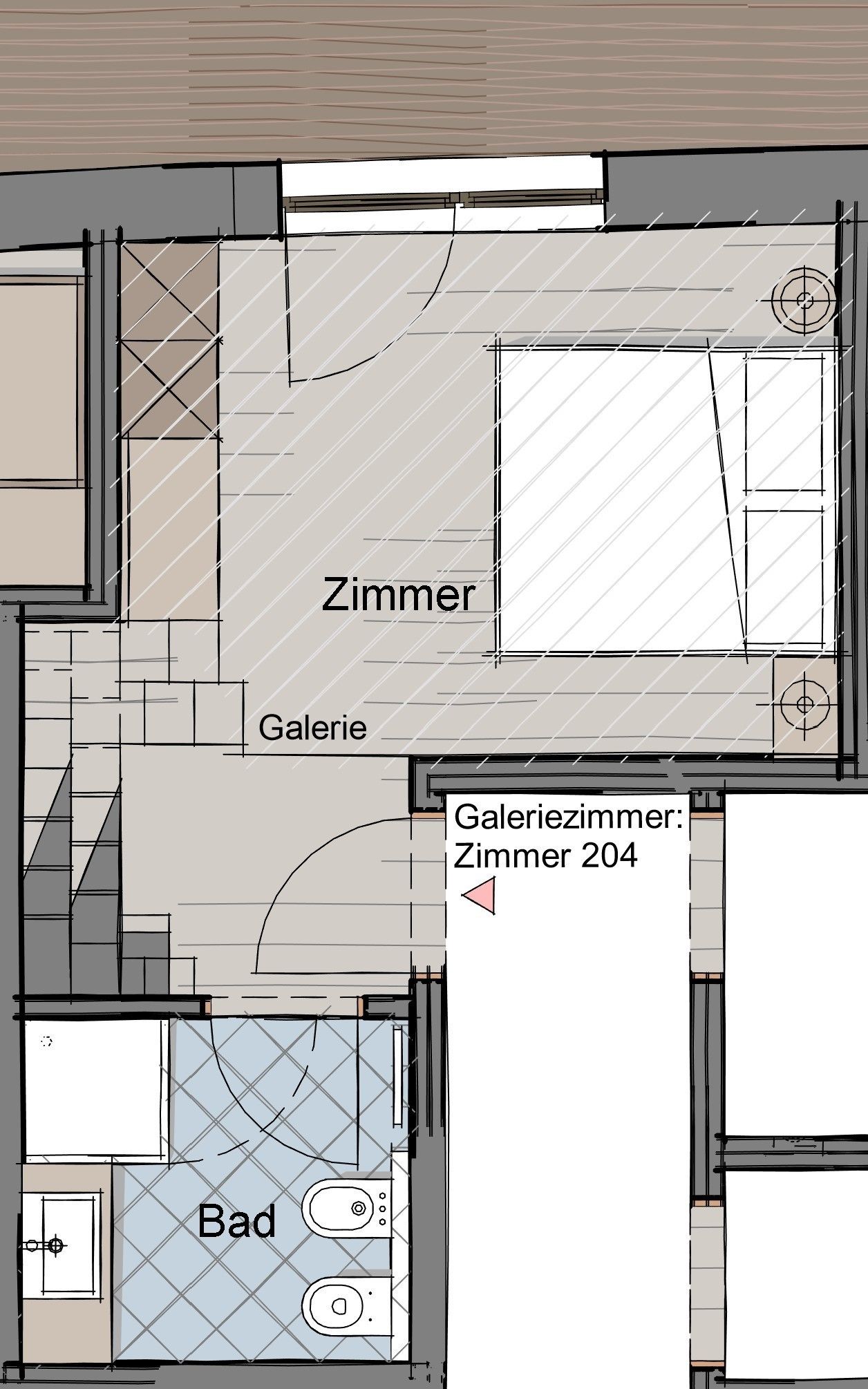 A floor plan with a living room, a gallery, and a bathroom.