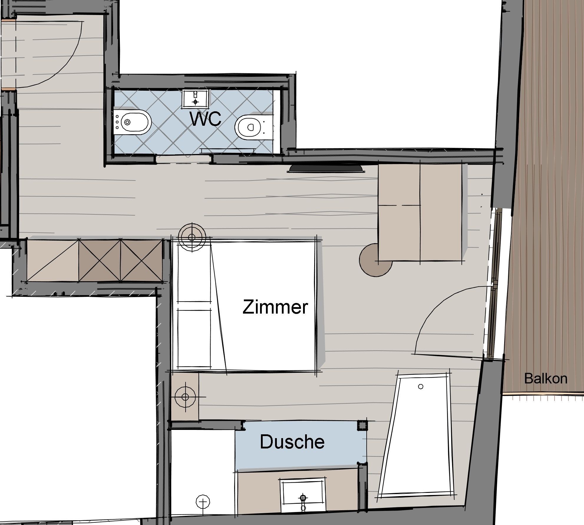 A floor plan with a living room, a balcony, a WC, and a kitchen area.