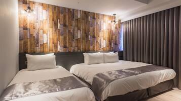 A modern hotel room with two beds, a wooden wall panel, a dark headboard, and a large window with curtains.