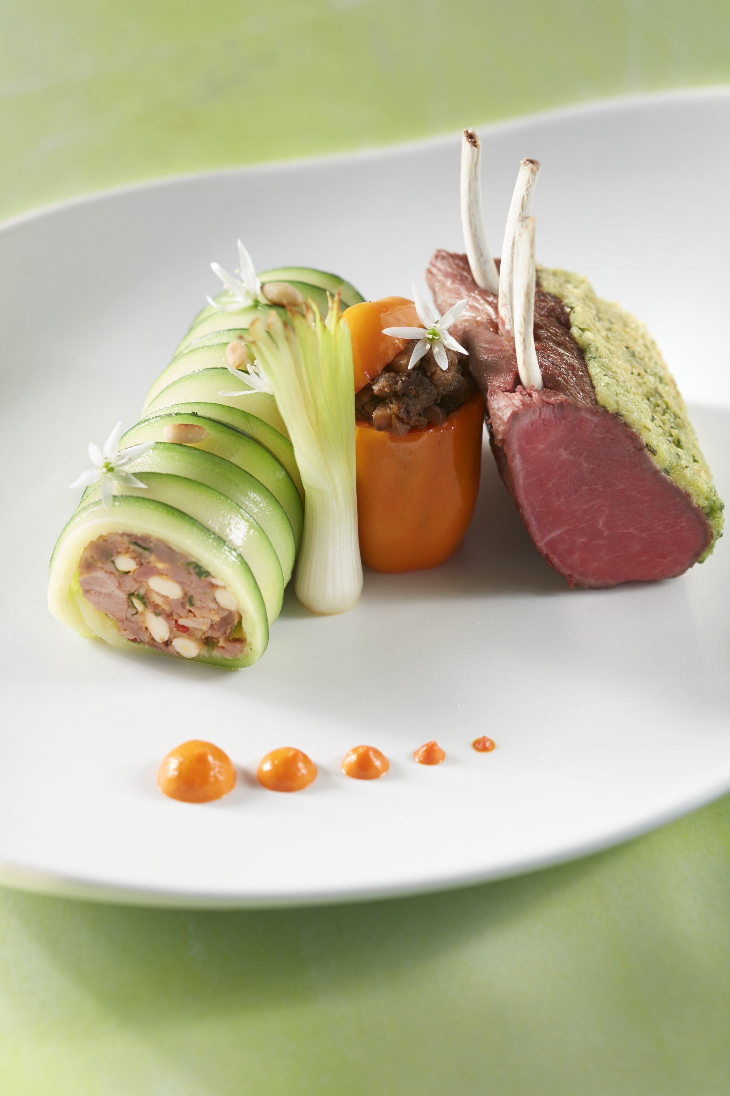 Un plato con verduras cortadas, carne y un puré verde.