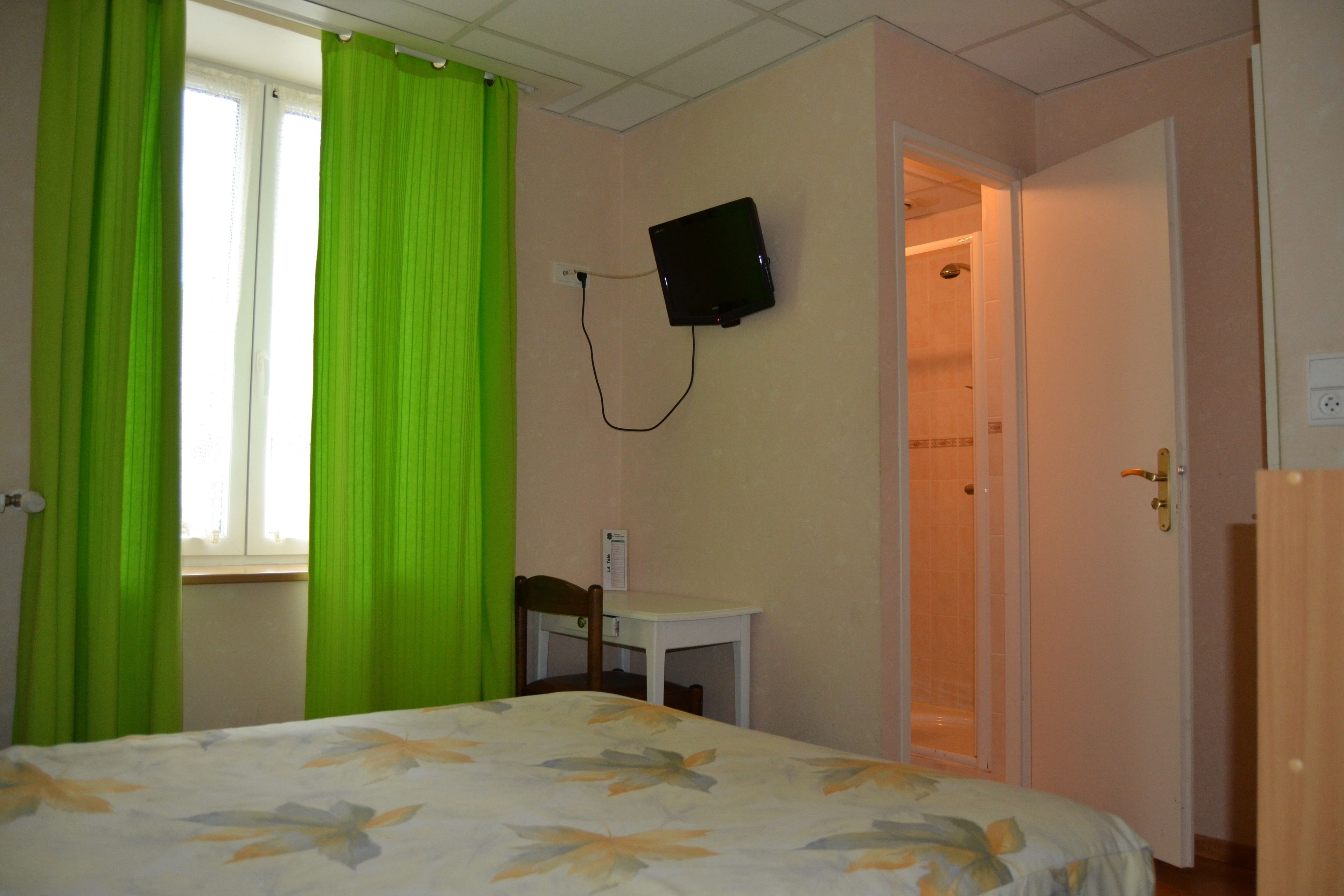 A bedroom with a bed, a desk, a television mounted on the wall, and a shower area.