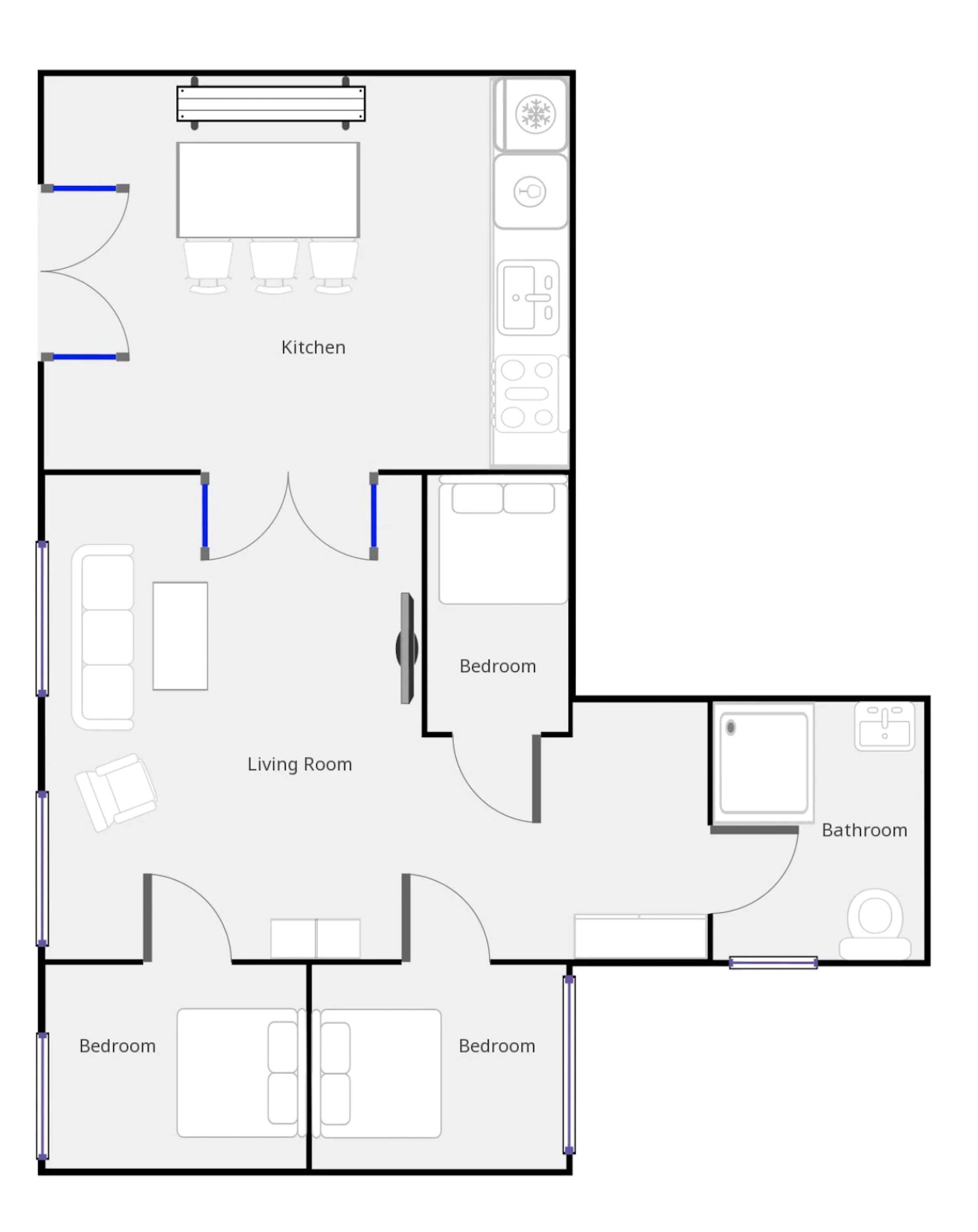 A floor plan with a kitchen, two bedrooms, a living room, and a bathroom.