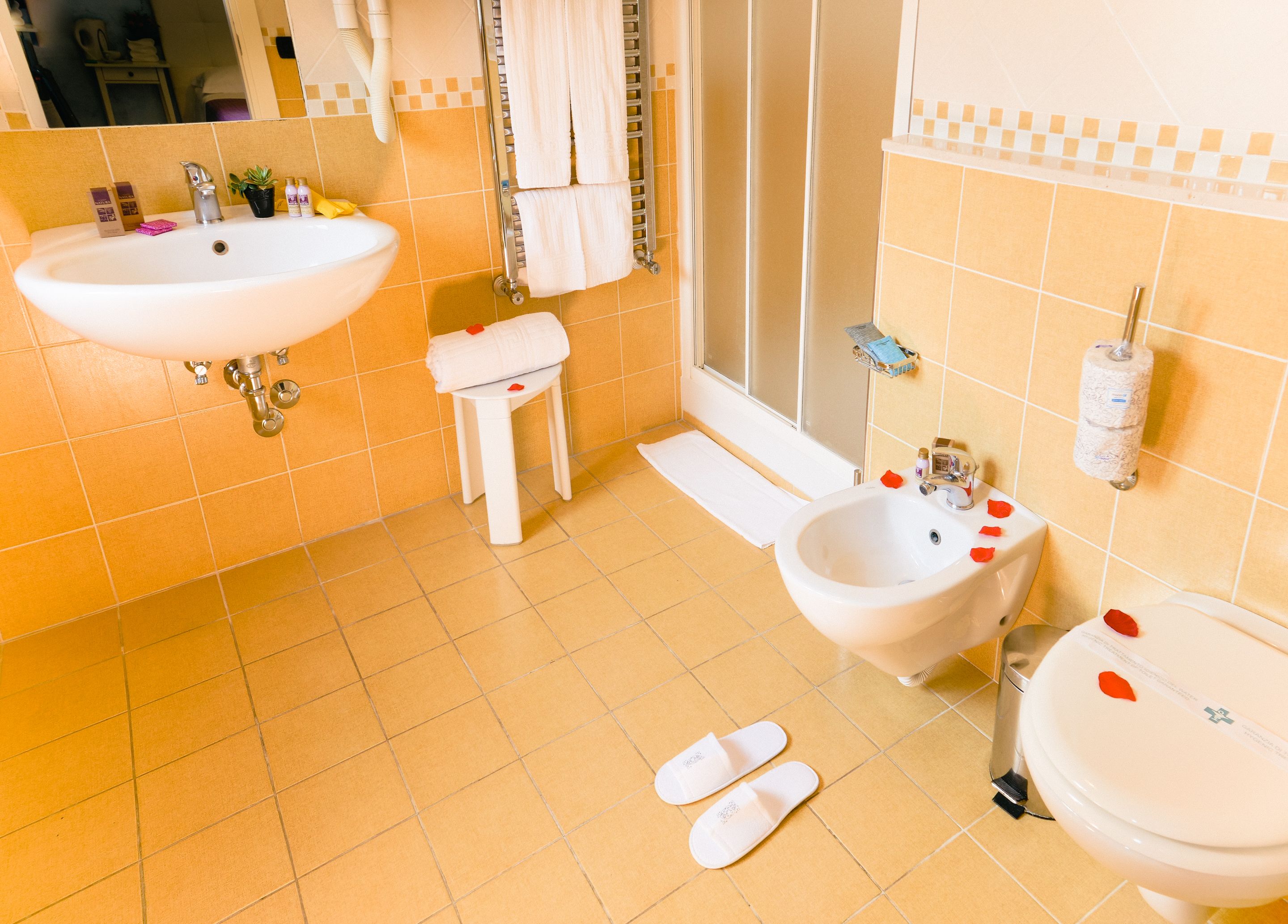 Een badkamer met een wastafel, bidet en douche. Er liggen handdoeken en toiletartikelen op de wastafel.