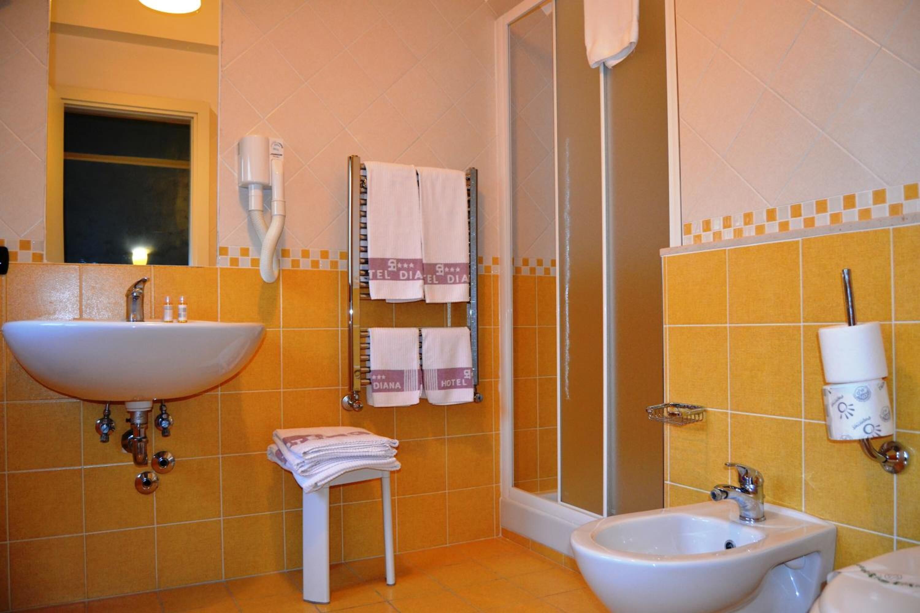 A bathroom with a sink, bidet, and shower. There are towels hanging on a rack and a soap dispenser on the wall.