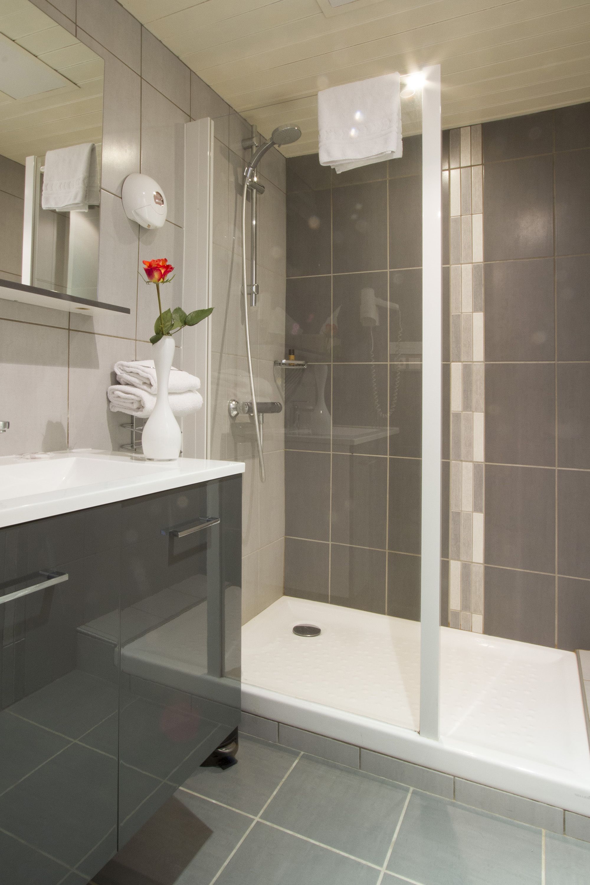 A modern bathroom with a glass shower enclosure, a white sink, and a vase with a flower.