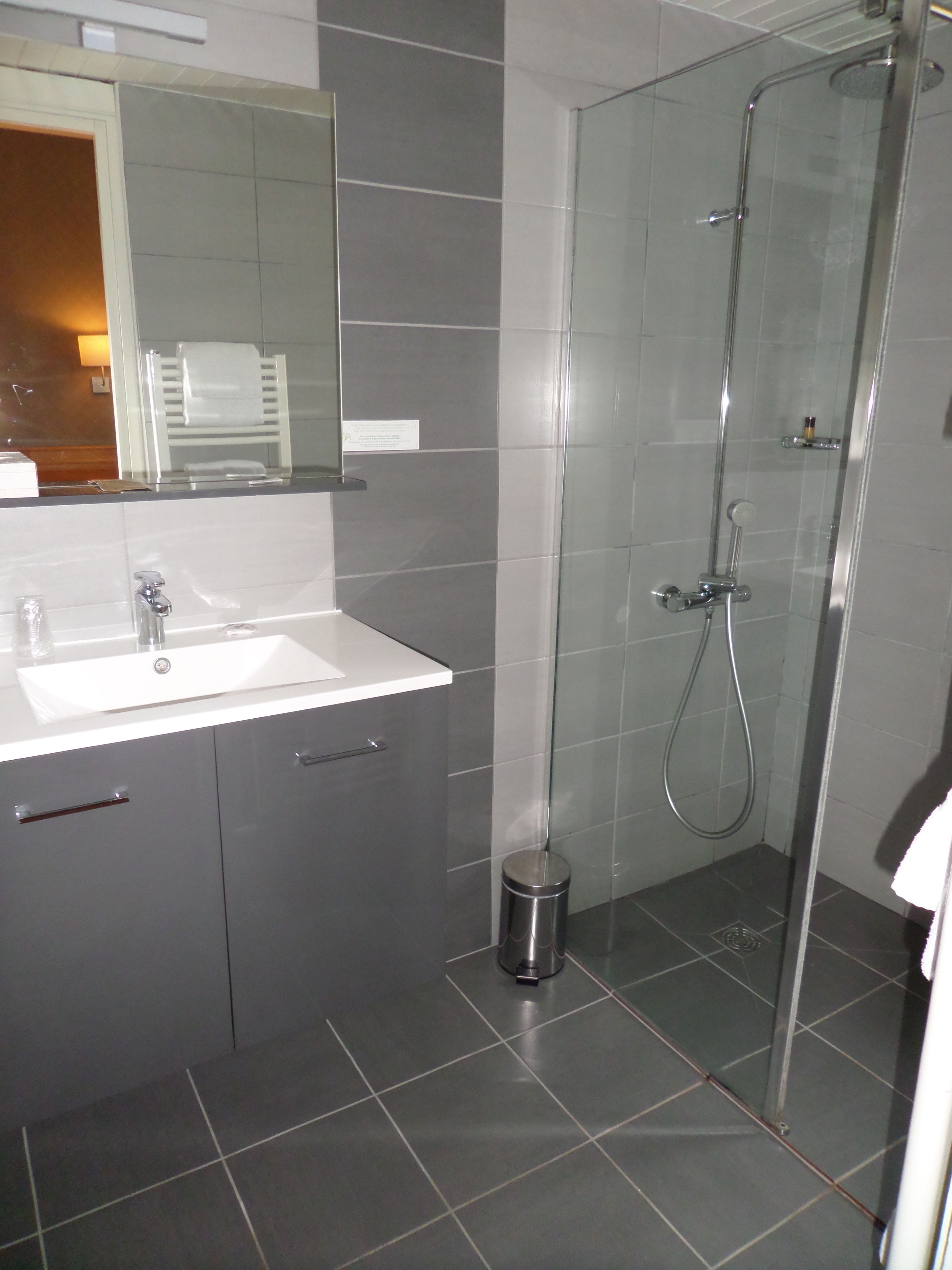 A modern bathroom with a glass-enclosed shower, a white sink, and a mirror above it.