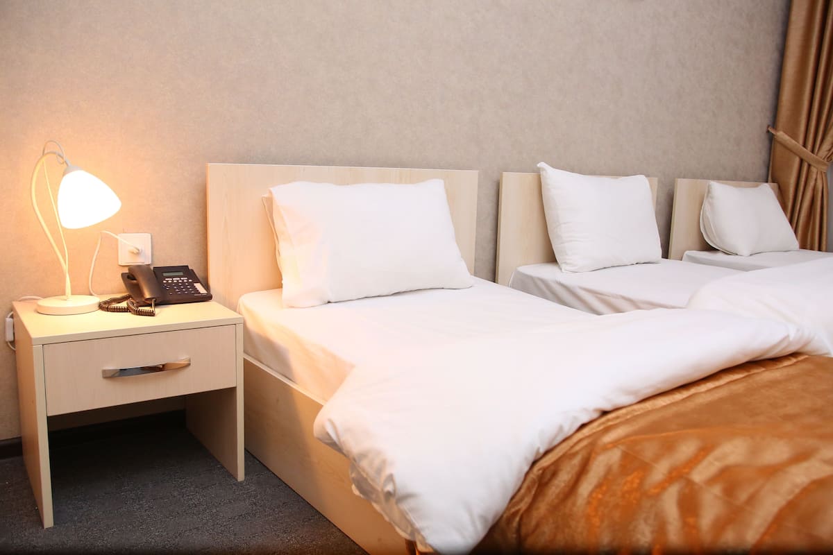Une chambre d’hôtel avec un lit simple, une table de chevet avec une lampe, un téléphone et un petit tiroir.