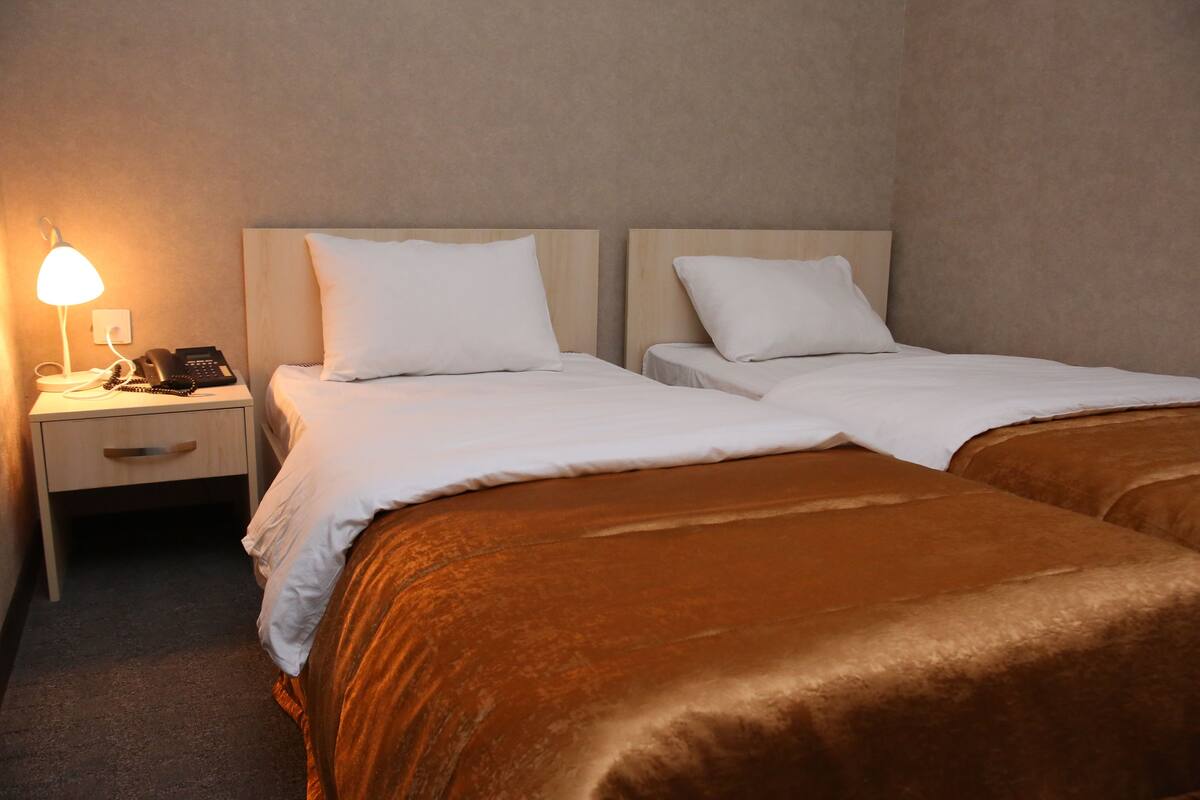 Une chambre d’hôtel avec deux lits simples, une table de chevet avec une lampe et un téléphone.
