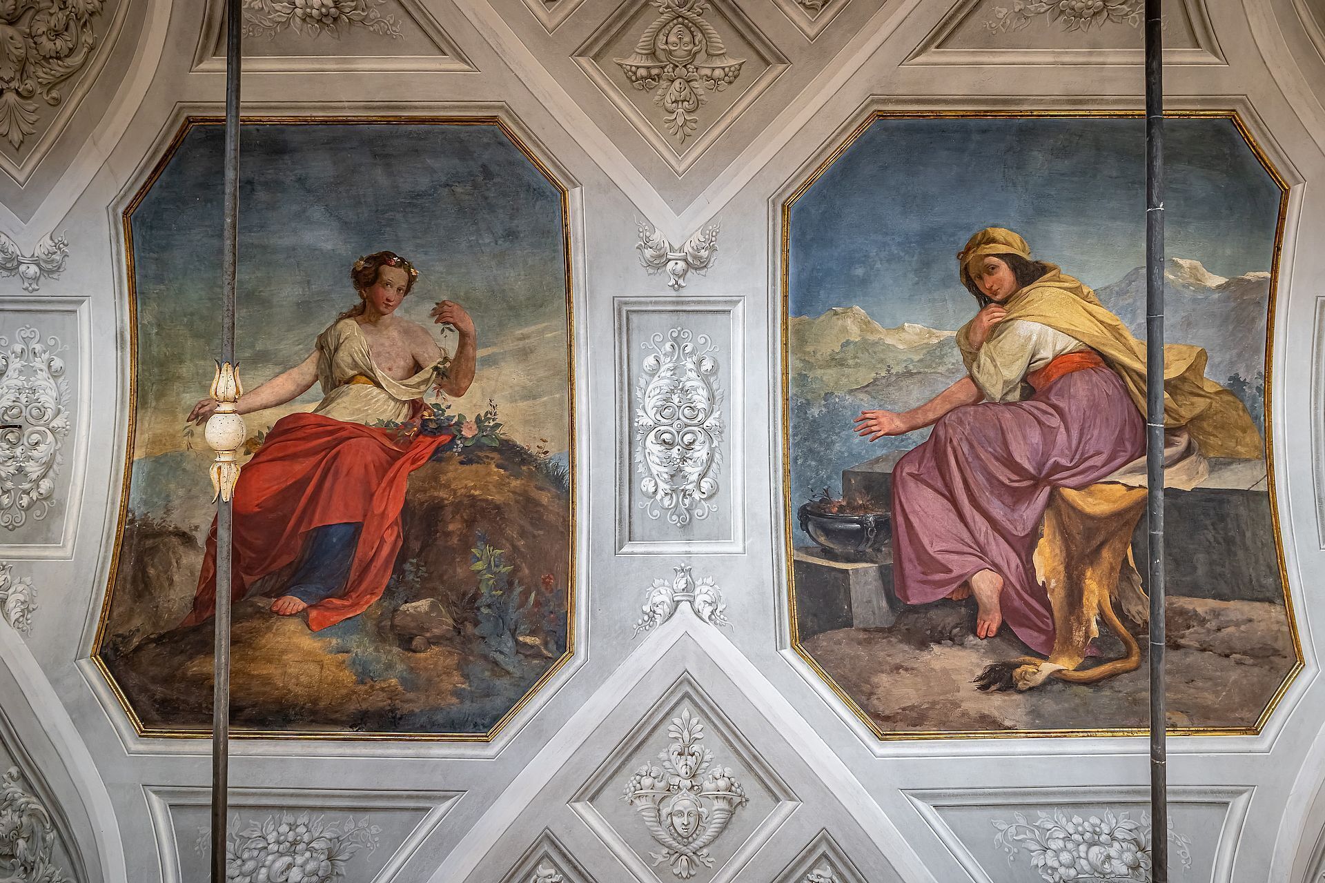 A ceiling with two classical frescoes depicting figures in historical attire.