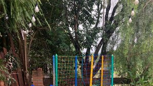 Ein Spielplatz mit Rutsche, Kletternetz und Trampolin auf grünem Kunstrasen.