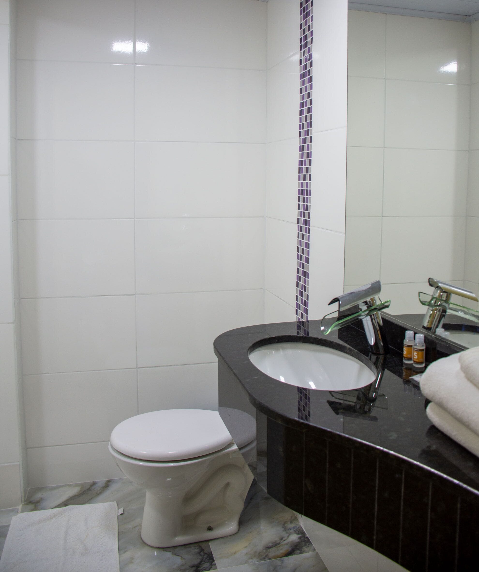 A bathroom with a white toilet, a black sink with a glass basin, and a mirror above the sink.
