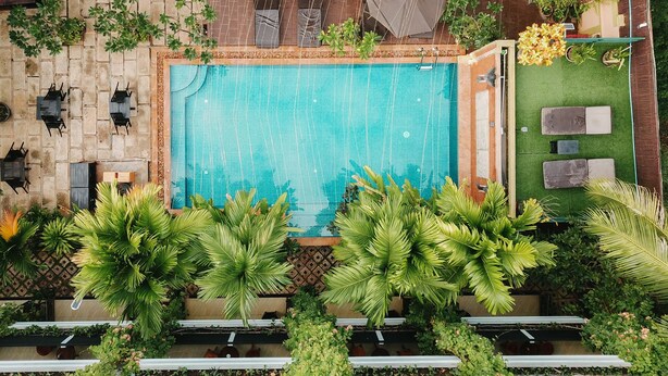 Vista aérea de un área de piscina con una pileta con azulejos, rodeada de palmeras y plantas en macetas.