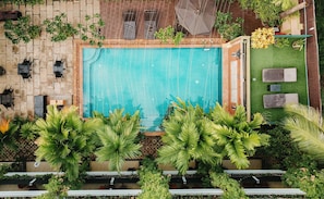An aerial view of a pool area with a tiled pool, surrounded by palm trees and potted plants.