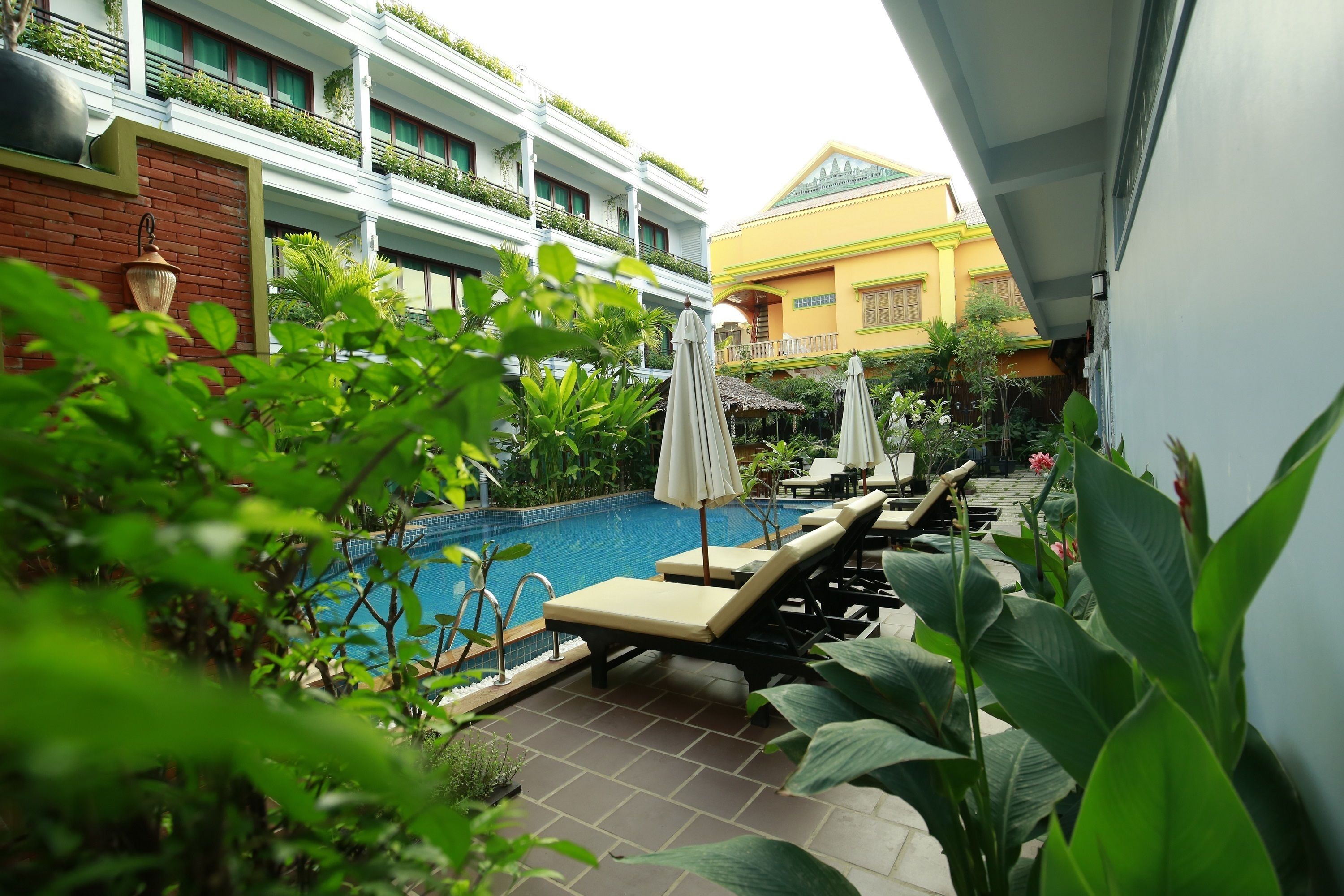 A poolside area with lounge chairs and umbrellas, surrounded by lush greenery and a building with multiple balconies.
