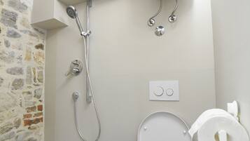 Un bagno piccolo ma funzionale, con doccia, WC e cestino.