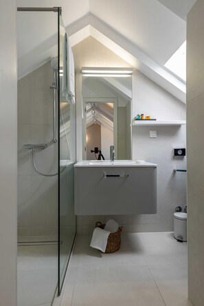 Une salle de bain moderne avec une douche à l’italienne en verre, un meuble-lavabo blanc avec un miroir et une lucarne au-dessus.
