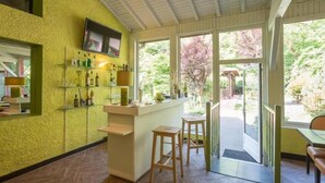 A bar area with shelves of bottles, a television, and a view of the garden outside. - Hôtel La Cascade (Saint-Genis-les-Ollieres)