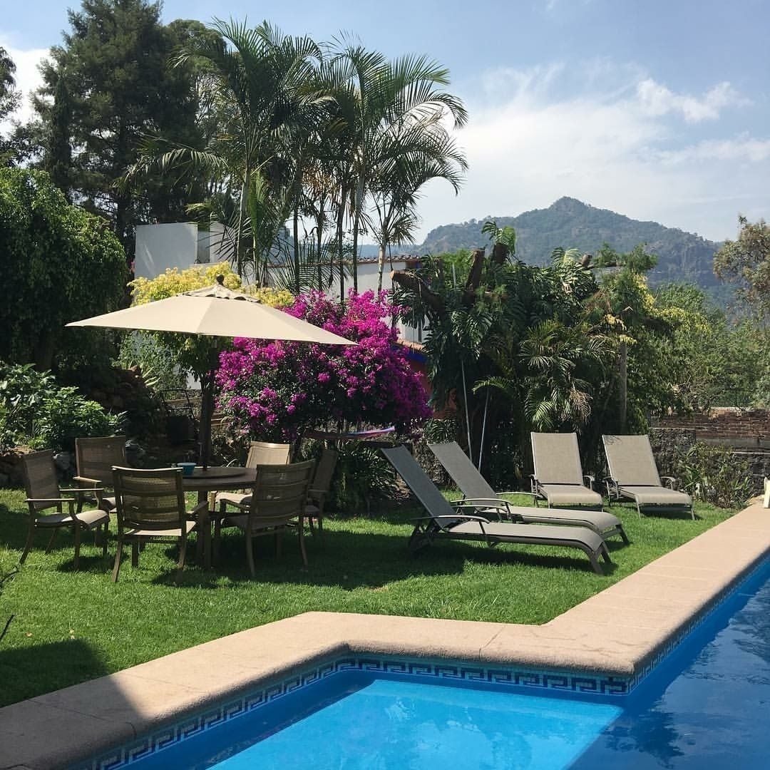 Un área junto a la piscina con sillones de descanso, una mesa y un pérgola adornada con flores rosadas.