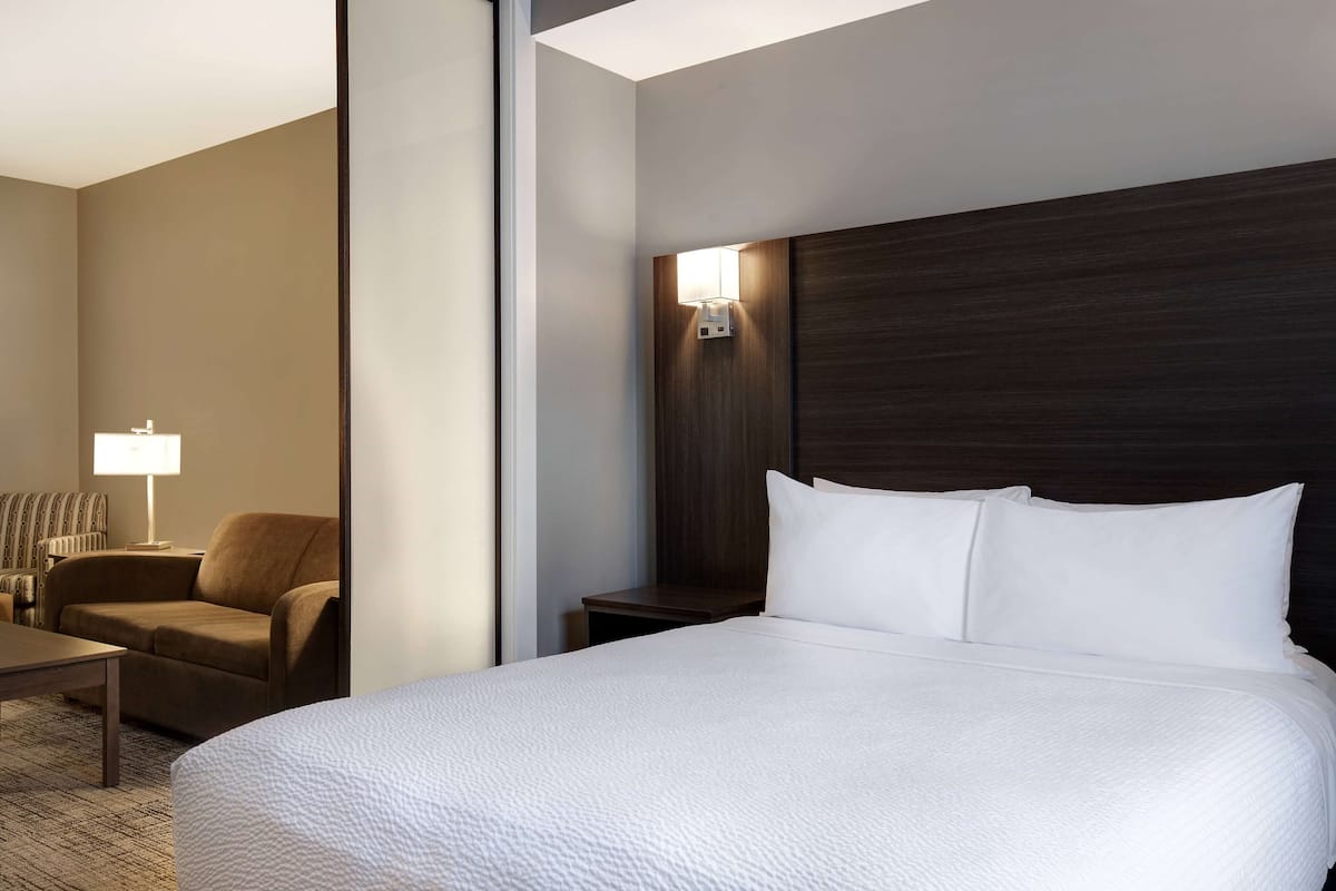 A hotel room with a large bed, a bedside table, a lamp, a sofa, and a chair.