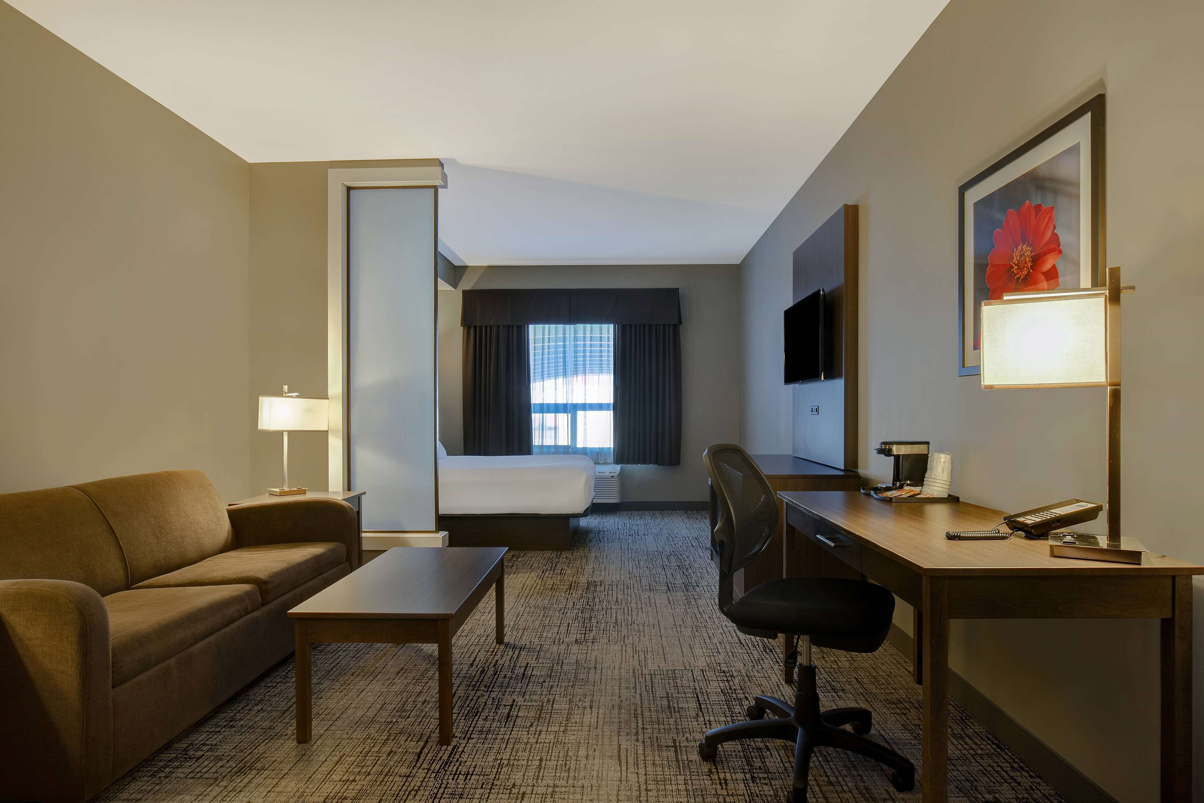 junior suite, 1 queen bed with sofa bed, non smoking | desk, laptop workspace, blackout curtains, iron/ironing board