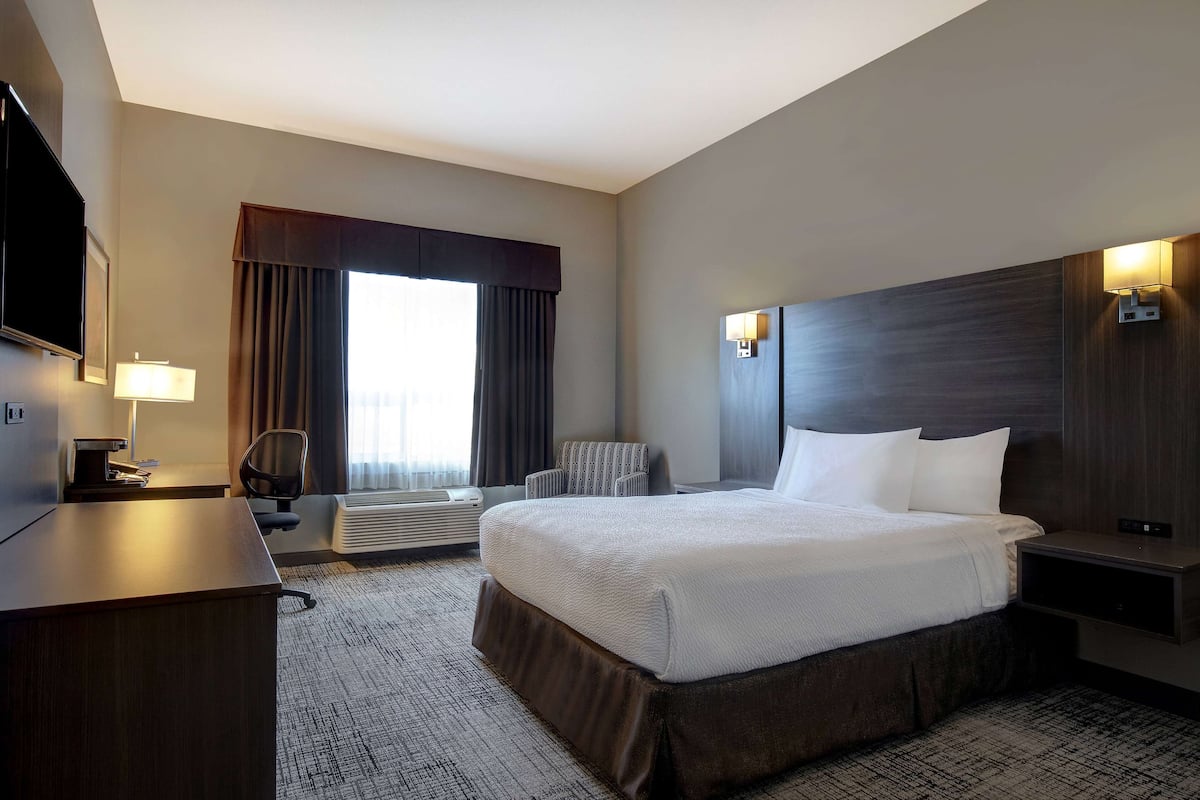 A hotel room with a large bed, a desk, a chair, a TV, and a window with curtains.