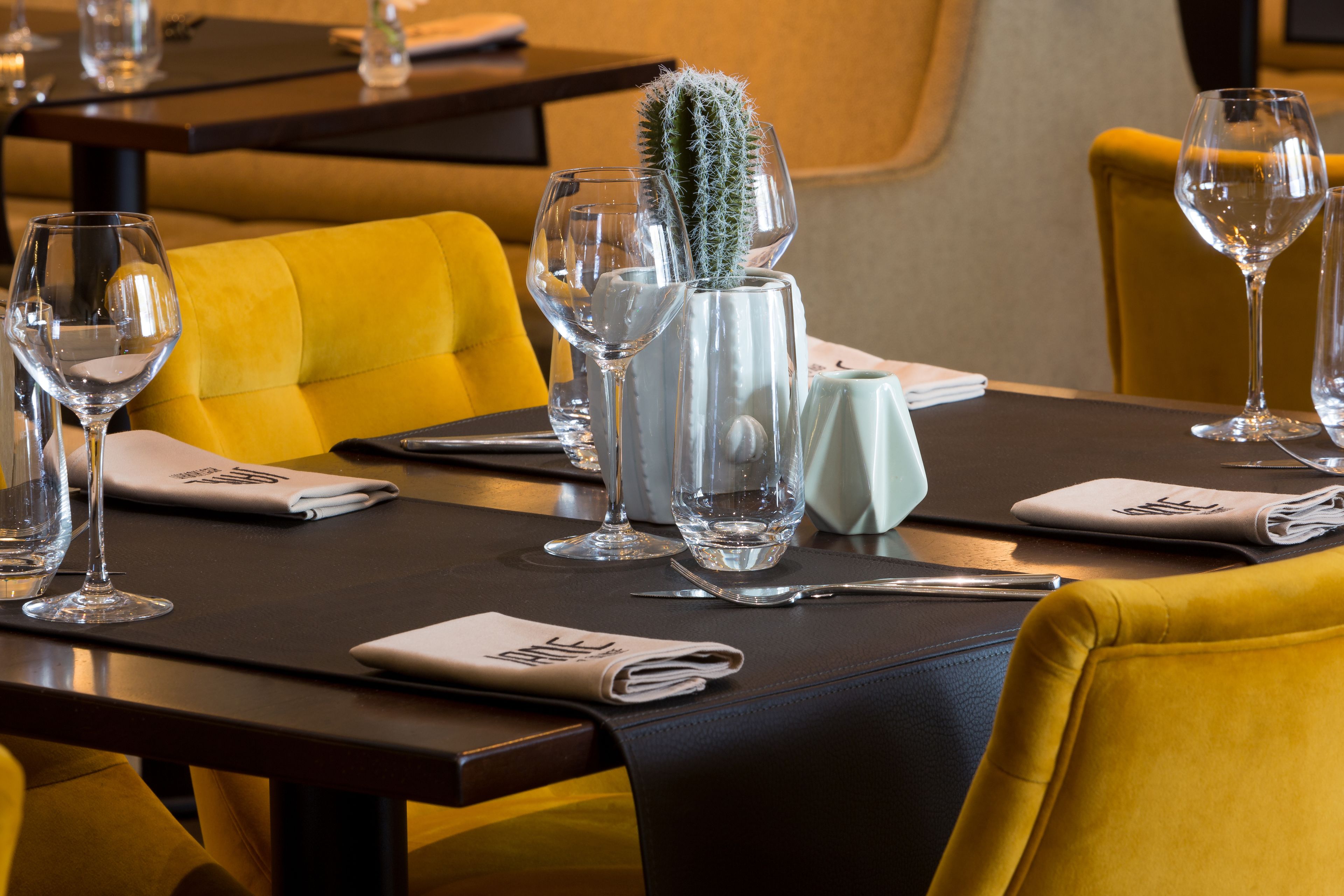 A dining table set with a cactus centerpiece, clear glasses, and neatly folded napkins.