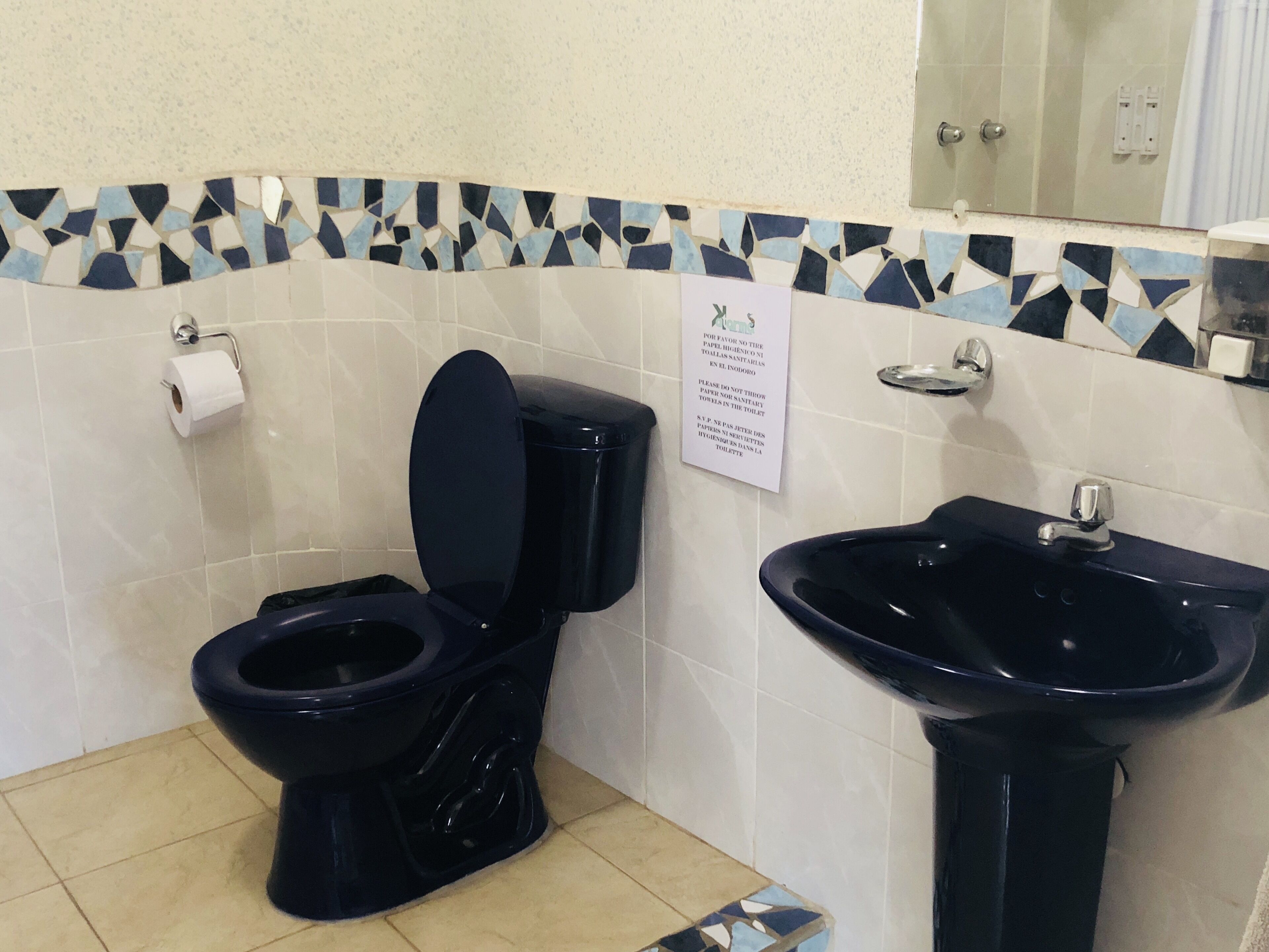A bathroom with a black toilet and sink, a mosaic tile border, and a sign on the wall.