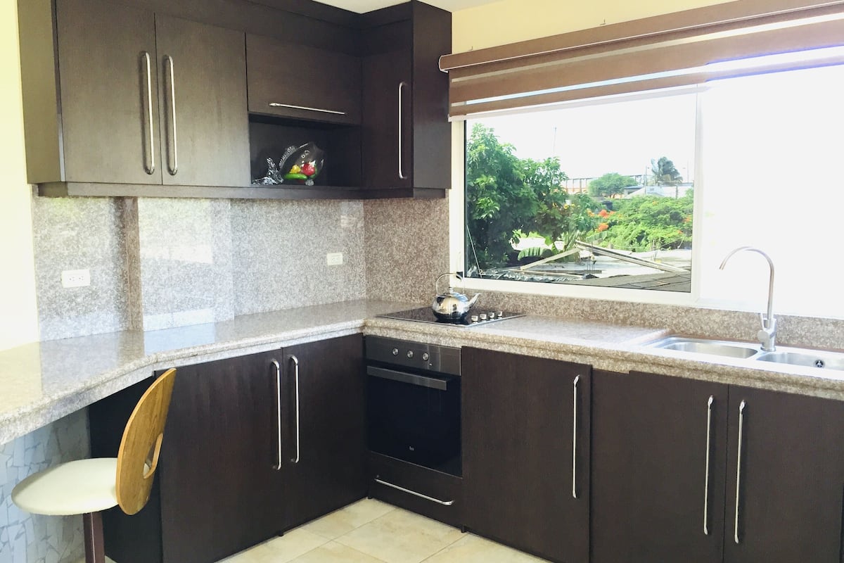 deluxe apartment, 1 king bed, kitchen, city view | private kitchen | fridge, microwave, high chair